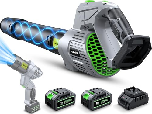 Soffiatore a Batteria, 990.000 RPM, Motore Brushless, Soffiatore Foglie Elettrico Completo di 2 Batterie, Caricabatterie e 2 Ugelli, 5 Velocità Regolabili, per Giardino, Patio, Auto e Rimozione Neve