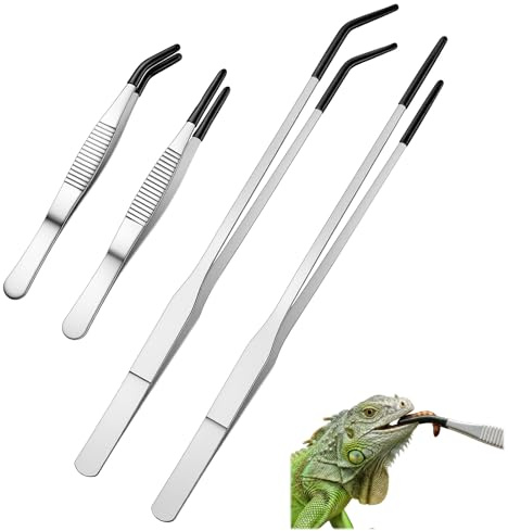WJIAAA Reptile Feeding Tongs Long Tweezers,4 Pack Stainless Steel Feeding Tongs 10.6 Straight & Curved Tweezers with Soft Rubber Tip Terrarium Supplies for Aquarium Crafts Tank Accessories