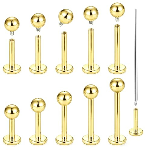 Piercing per labbro e labbro, in argento e oro, 11 pezzi, piercing per elice, trago, con piercing conico per cartilagine, 6 mm, 8 mm, 10 mm, 12 mm, in acciaio inox, gioielli per donne e uomini