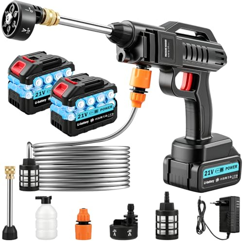 RugoTech Limpiador de alta presión con batería de 100 bar – Limpiador a presión portátil con batería de 21 V, boquilla multifunción 6 en 1, 2 pilas de 3000 mAh y manguera de 5 m. Perfecto para coche