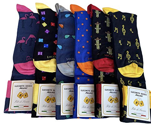Lucchetti Socks Milano 6 paia Calze Uomo Lunghe filo di scozia Fantasia Cotone colorate Pois Righe Disegni divertenti Made in Italy (Taglia 41-46, Set Summer Party)