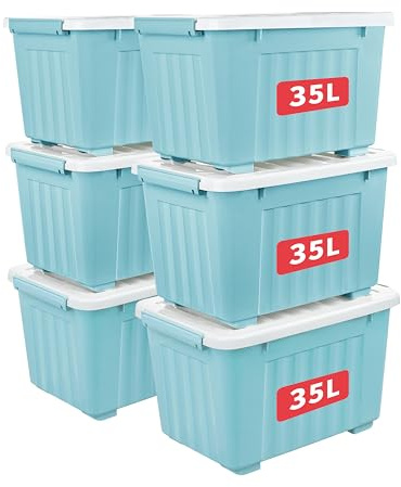 Cetomo 35L*6 Cajas de Almacenamiento con Tapas, Contenedores de Plástico con Ruedas, Clip On, Apilables, Encajables, Organizador Rayado para Oficina en Casa, Azul, 35L-6 Pack