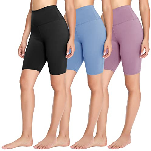 FOTOCITI 3er Pack Radlerhose Damen High Waist Kurze Sporthose Elastisch Shorts Sommer Leggings Hosen für Sport Yoga Gym(04#Schwarz+Hellblau+Helllila, XXL)