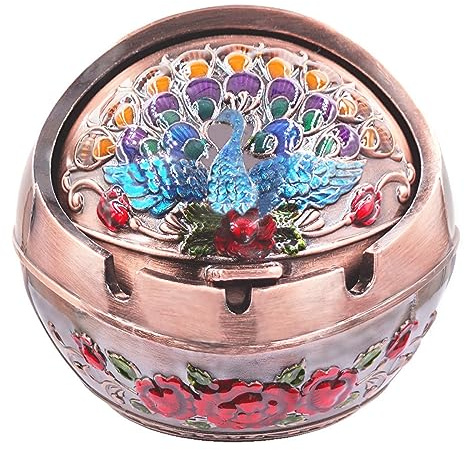 Hourwof Smokeless Ashtray with Lid,Peacock Windproof Ashtrays for Outdoor Patio Balcony,Metal Cigarettes Ash Tray for Home Office Tabletop Decor,Birthday Housewarming Gift,Copper