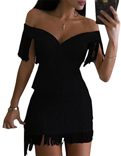 PDYLZWZY Mujeres fuera del hombro capas vestido bodycon con flecos profundo escote V Cami Mini vestido sin mangas borlas Flapper Vestidos, Negro , L