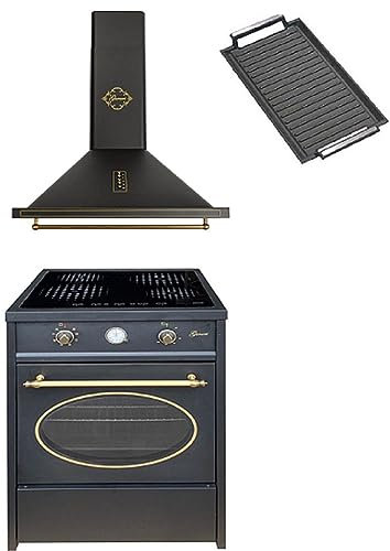 GURARI Induktions-Standherd GCH E 612 BL r+GCH 975 Bl 6 +Grillplatte, Retro Induktions Standherd 60 cm+Dunstabzugshaube 60cm