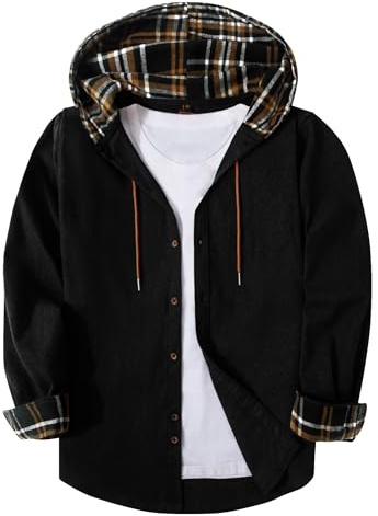 SwissWell Camisas de Franela para Hombre Camisa Casual de Manga Larga con Capucha Camisa de Leñador a Cuadros con Botón y Bolsillo