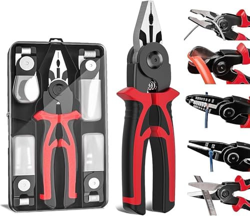 Candeon Juego Alicates Electricista, 5 En 1 Juego De Alicates Multifunción Intercambiables Con Pelacables, Crimpadora, Cortacables, Tijeras, Alicate Combinado Linemans Para Cortar, Prensar, Pelar