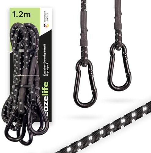 2er Set Spanngummis mit Karabiner, 60 cm / 120 cm, reflektierend, extrem belastbar, robust, sicher, Schwarze Expander mit massiven Karabinerhaken für Sonnensegel, Outdoor, Fahrrad & Auto (120 cm)