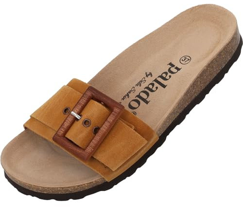 Palado Pantoletten Damen Malta Wood by Sila Sahin - bequeme Sandalen Made in Spain - Hausschuhe mit Kork-Fußbett - modische Sommerschuhe Braun UK7 - EU40