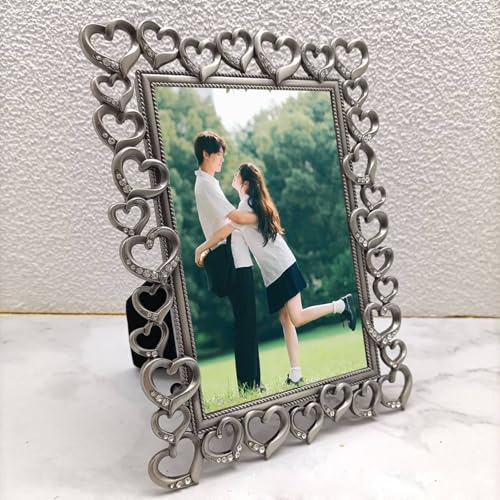 Mesnt Bilderrahmen Dekorieren, Bild 10 x 15 cm Anzeigen, Vintage Silber Rechteck Vintage Zirkonia Herz Fotorahmen/Bilder Rahmen, Horizontal & Vertikal, Tischplatte, Metall