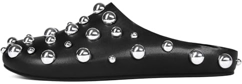 CAGLGLZ Studded Flat Mules for Women Sparkly Metallic Closed Round Toe Slippers Leather Slip On Backless Comfortable Clog Slides Fashion Casual Shoes(Black,9)