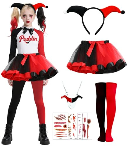 NebulaGlam Deguisement Quinn Enfant, Déguisement Harley Squad Costume Fille Robe Tutu Enfant, Déguisement Quinn Costume Harley pour Halloween, Carnaval, Soirées à Thème
