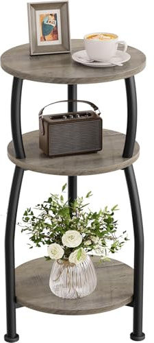 Yuede Round Side Table, 3 Tier Slim Round Coffee Table, Small End Table with Storage Shelf, Bedside Table, for Living Room, Bedroom, Small Space, Metal Frame, 30 x 55 cm (Gray)