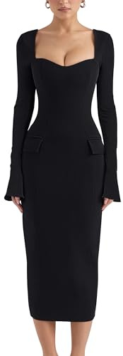 YMDUCH Women's Sexy Long Sleeve Sweetheart Neck Back Slit Bodycon Party Tight Midi Pencil Dress Black