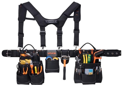 VEVOR Cinturón Portaherramientas para Profesionales, con 19 Bolsillos y Tirantes, para Electricistas, Carpinteros y Trabajadores de la Construcción, Ajustable de 800 a 1310 mm, Poliéster 600D