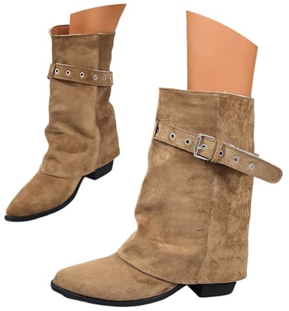 KBOPLEMQ Botines de mujer Botas de motorista Botas con tacones bloque cómodos otoño invierno mujer zapatos hebillas vintage botas de vaquero mujer botines de combate, O Khaki, 38 EU