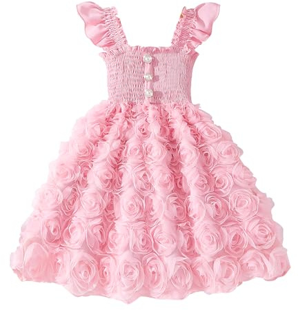 JiAmy Girls 3D Rose Tulle Dress Smocked Ruffle Sleeve Princess Party Dress Toddler Birthday Wedding Flower Girl Dresses for 5-6 Years,Pink