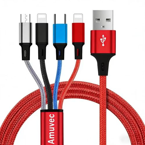Amuvec Multi Cable USB, 3A 1.2M Cable de Carga Universal Trenzado 4 en 1 con Puertos 2*iP Tipo C Micro USB, para Teléfono 17 16 15, Smasung Galaxy S25 S24, LG, Honor View, Xiaomi, Sony, PS5, Moto, Tab