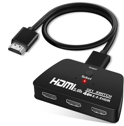 4K@60HZ HDMI Switch, HDMI Switch 3 in 1 out with 1.2M HDmi Cable, Support 3D, 1080P, HDCP2.2, HDR, Dobly, 3 Ports hdmi switch for PS5,HDTV, Xbox,Roku, Fire Stick,DVD, Projectors