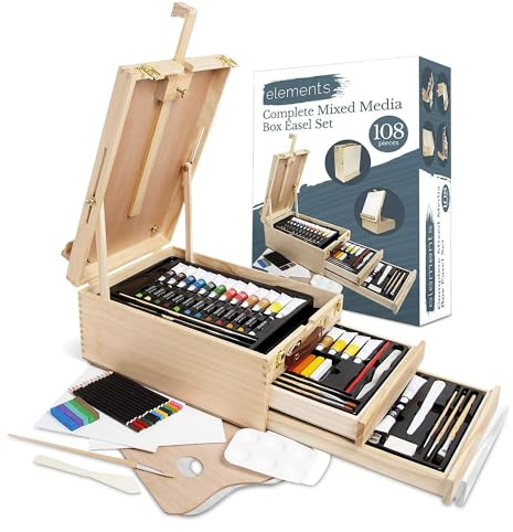 Elements Complete Mixed Media Easel Art Set – 108-Piece Artist Paint Set for Acrylic & Oil Drawing, Painting & Sketching – 3-Drawer Wooden Desktop Easel Box Painting Kit for Artists
