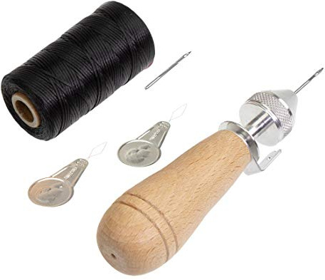 Profi Ledernäh-Set mit Handnähapperat Nähahle Sattlerahle + gewachstem Garn + Einfädler +Ersatznadel - Handnähmaschine für dicke Stoffe - Sattlergarn - Ledergarn - Polstergarn (schwarz)