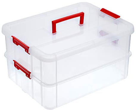 SUMNACON Scatola portaoggetti impilabile a 2 livelli in plastica regolabile con maniglia per il trasporto per giocattoli e accessori da cucito (rosso)