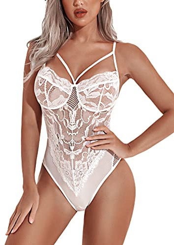 Aranmei Sexy Lace Lingerie Body Mesh Teddy Lingerie para mujeres Deep V Neck One Piece Babydoll Outfits Blanco S
