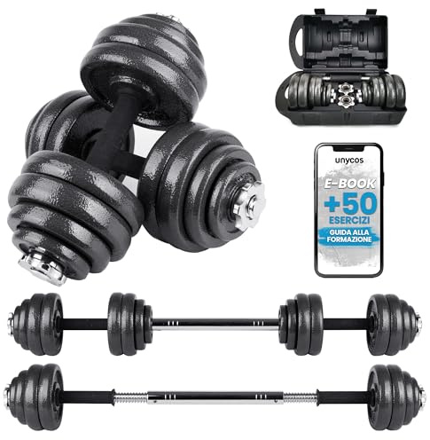 unycos - Manubri Regolabili con Dischi 30 kg【E-Book + Valigetta】Coppia di Pesi con Barra di Collegamento Antiscivolo per Uomini/Donne, Allenamento, Palestra in Casa, Fitness (Iron Transformer)