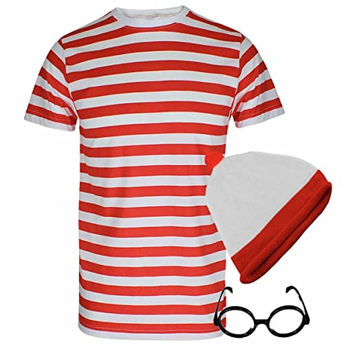 Ensemble de costume pour adultes et enfants avec t-shirt, bonnet, chaussettes, lunettes et rouge à rayures blanches, Ensemble t-shirt chapeau lunettes pour homme, Taille L