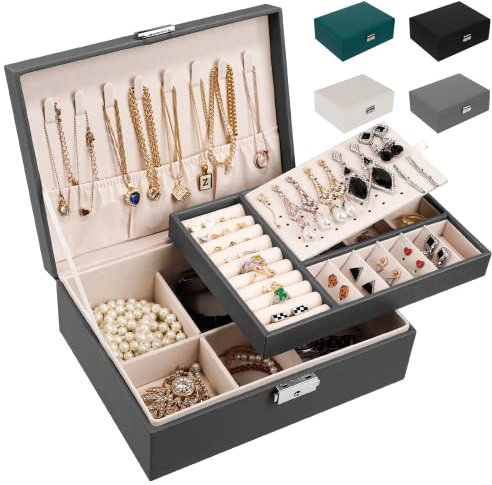 LUZOON Schmuckschatulle Schmuckkästchen für Damen, 2 Schich Schmuckaufbewahrung Mädchen Schmuckkasten Schmuckbox PU Leder Schmuck Groß für Ringe, Ohrringe, Halskette-Grau