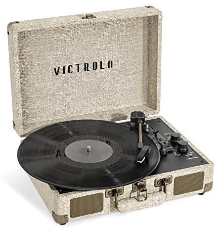 Victrola Journey+ Signature Turntable Record Player – 33-1/3, 45 & 78 RPM Suitcase Vinyl Record Player, Bluetooth Connectivity & Built-in Speakers, Stereo RCA Output, Linen Finish (Cream)