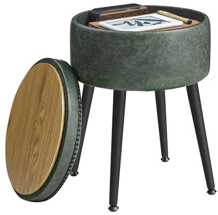 VASAGLE EKHO Collection - Storage Ottoman, Dressing Table Stool, Synthetic Leather with Stitching, Mid-Century Modern, Round Storage Stool Seat with Steel Legs, Loads 150 kg, Forest Green LOM005C51
