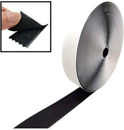 Cinta de Cierre con Adhesivo 25 Metros - Gancho y Felpa - Rollo para Unir Cortinas, Alfombras, Telas, Fuerte Agarre, Hook and Loop, Material Poliéster, Negro, Gancho 20mm