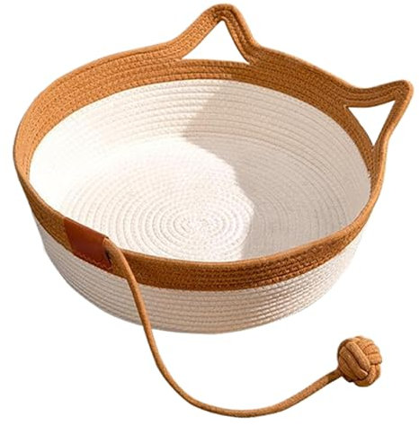 Katzenbettkorb Nest runde lustige Baumwollseile Waschbarer Katzenkorb mit Spielzeugschwanz, handgewebt