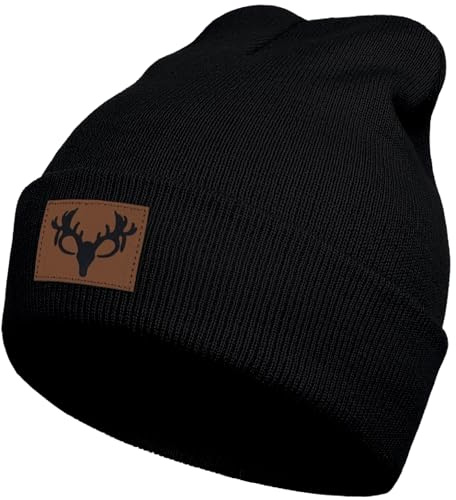 gswirmchsq Deer Hunting Beanie Hat Black, Cute Funny Leather Patch Winter Knit Skull Cap Hunting Gifts for Adult Men Women