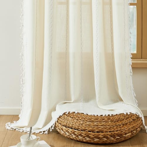 Deconovo Linen Curtains 2 Panels, Semi Sheer Curtain with Tassel, Light Filtering Rod Pocket Window Drapes, Boho Pravicy Curtains for Living Room/Bedroom/Sliding Door, 52W x 84L Inch, Cream