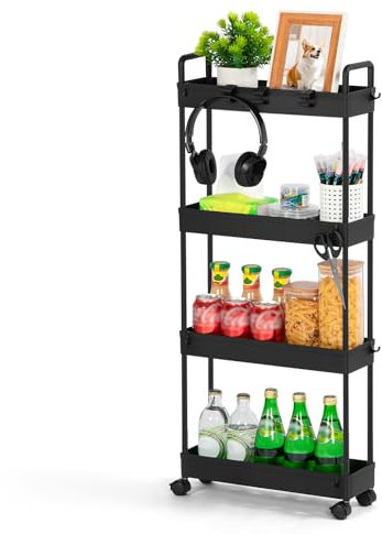 FoiiLiio Rollwagen Schmal,Küchenwagen mit 4 Ebenen,Nischenregal auf Rollen,Küchenregal,Nischenregal,Küchenwagen schmal,für kleine Räume,Küche,Bad,38.8 x 12.5 x 90.7 cm,Schwarz