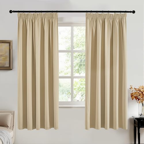 PONY DANCE 100% Blackout Curtains for Girls Bedroom - Pencil Pleat Thermal Insulated Curtains, Rod Pocket Full Blackout Drapes for Living Room with Black Liner, 66 x 72 Inch, Biscotti Beige, 2 Panels