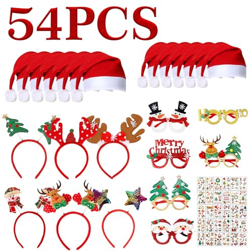 ZUSUZU 54 pcs Accessori di Natalizi,Cappelli di Babbo Natale, Cerchietti Natalizi,Occhiali di Natale,Adesivi per Tatuaggi,Accessori Natalizi per Forniture per Feste Regalo di Decorazioni Natalizie