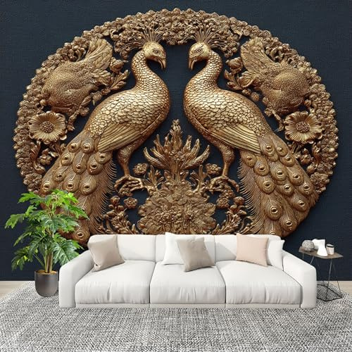 Sala Papel Pintado Fotomurales 200x140 cm Pavo Real En Relieve 3d Mural de Pared Moderno Oro Papel Pintado Tejido no Tejido Dormitorio Estudio Decoración Fotomurales