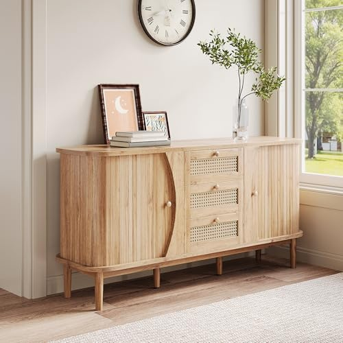 Jaxenor Rattan Sideboard Wohnzimmer mit Schiebetüren und 3 Schubladen, Buffetschrank für Wohnzimmer, Esszimmer, Wohnzimmerschrank mit Verstellbaren Einlegeböden und Abgerundeter Platte, Holzfarbe