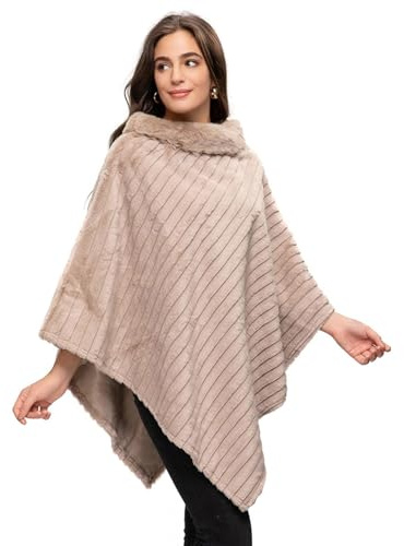 Glamexx24 Poncho da donna elegante mantello invernale con scollo rotondo, spesso mantello in calda pelliccia lavorata a maglia, sabbia, Taglia unica