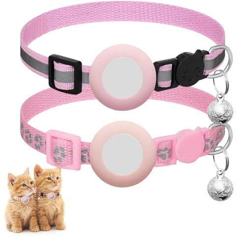 TenaLucy 2 st katthalsband, reflekterande halsband för katter med klocka och hållare, strypningssäkra kattungehalsband med tracker, söta tracker-halsband för kattungar för pojkar och flickor (rosa)