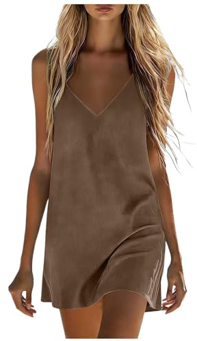 Vestidos Verano Mujer Algodón y Lino Vestido Mujer Verano Casual Sueltos Cuello V Color Sólido Vestidos Cortos Ligero Cómodo y Transpirable para Playa Vacaciones y Uso Diario