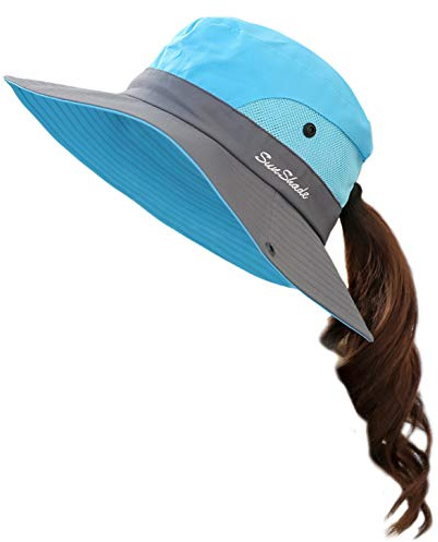 Muryobao Women's Sun Hat Outdoor UV Protection Foldable Mesh Bucket Hat Wide Brim Summer Beach Fishing Cap Sky Blue