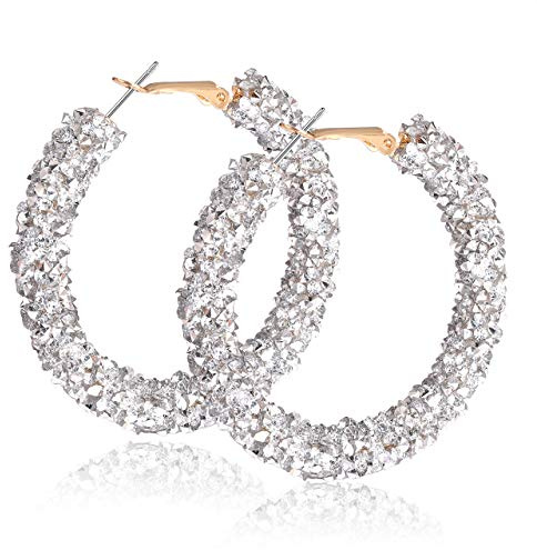 NLCAC Glitter Hoop Earrings Bohemian Sparkle Resin Rhinestone Wrapped Hoop Dangle Earrings for Women(C-silver)