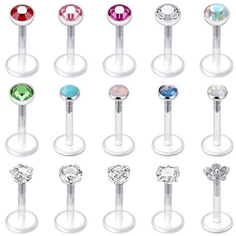 Longita CZ & Opale Acrilico Flessibile UV Labret Bioflex Anello Labbro Trago Helix Cartilagine Orecchio Bottone 16G Retainer Piercing 15 Piezas
