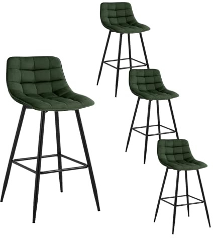 WOLTU 4 X Tabouret de Bar Bistro Chaise de Bar Assise rembourrée en Velours avec Pieds et Repose-Pieds en métal,Vert Foncé BH143dgn-4