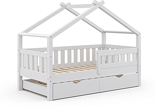 VitaliSpa Hausbett Design, Weiß, 80x160 cm mit Gästebett, geeignet als Spiel- und Schlafbereich für Kinder